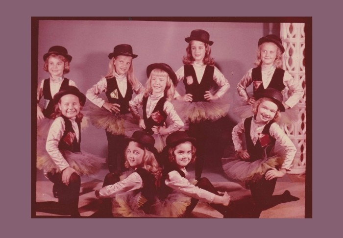 Vintage photo of young dancers in vest and tutu costumes posing at Miss Persis Studio